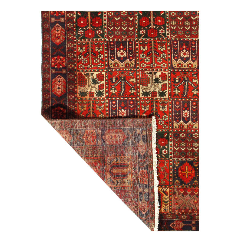 Tapis rouge / brun en laine noué à la main de conception unique 6 pi 7 po x 9 pi 5 po années 1970