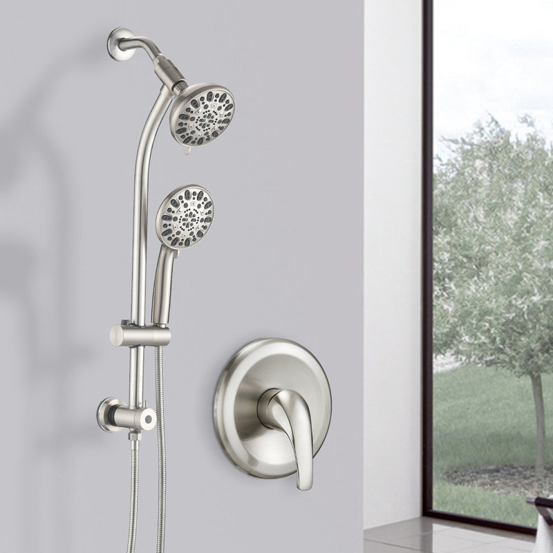 Système de douche Drill - en acier inoxydable avec deux têtes doubles à 7 réglages et barre coulissante de 5 po en mode brouillard hydratant