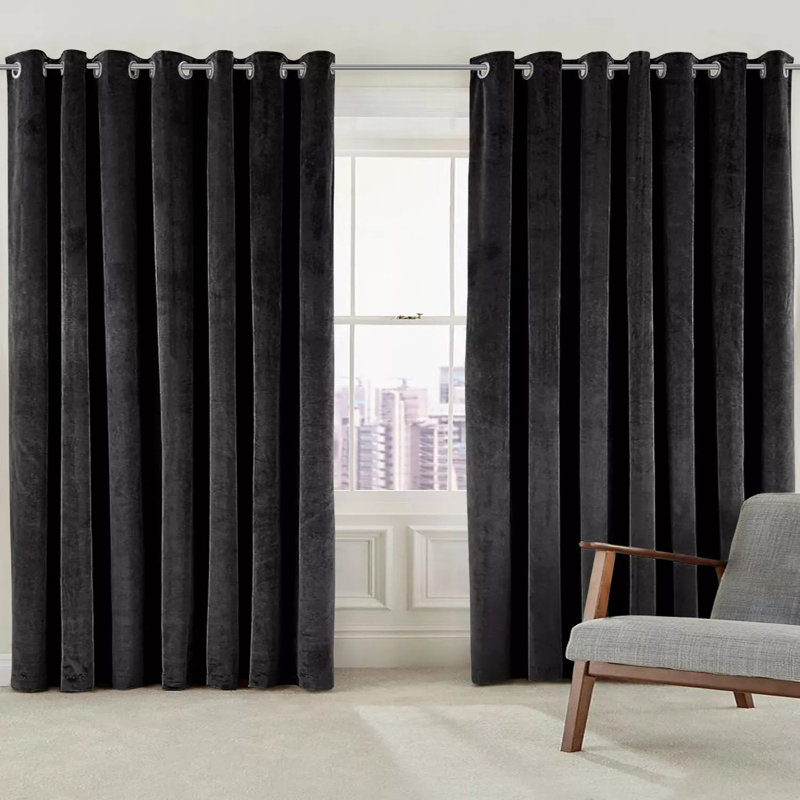 Crushed Velvet Eyelet Window Curtains, 117cm Width x 137cm Drop, Black