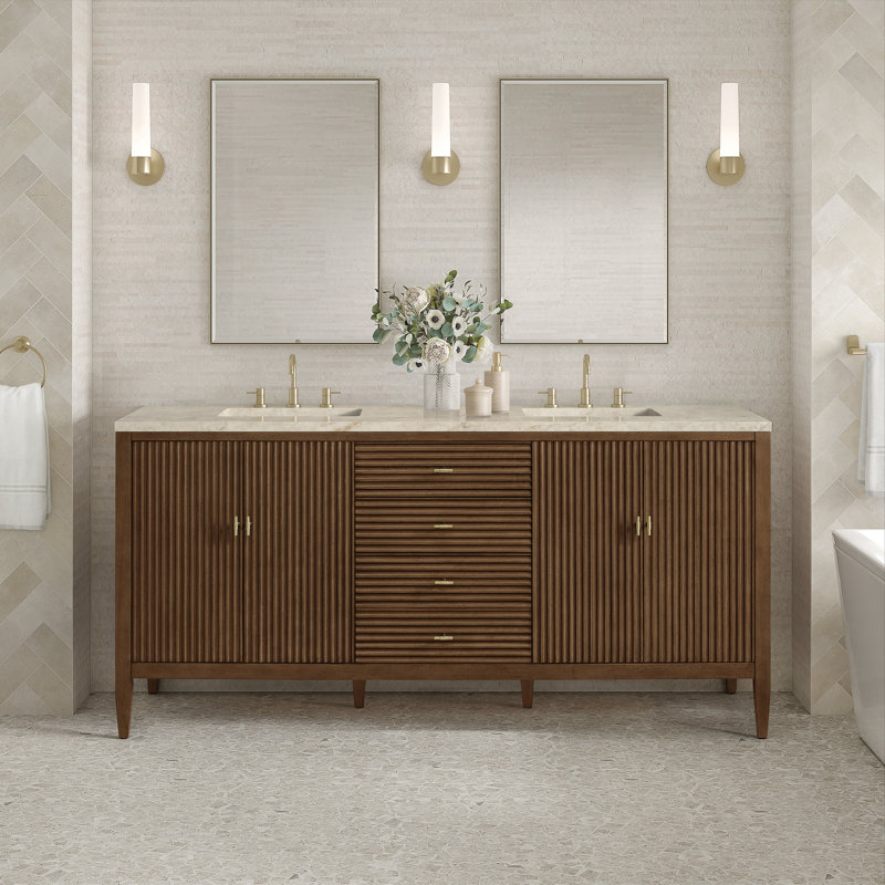 Myrrin 72'' W Double Vanity, Mid-Century Walnut, White Zeus, Single-Hole