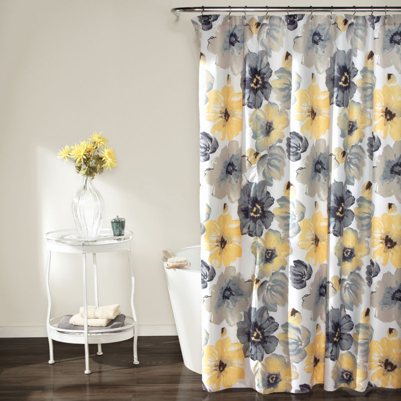 Rideau de douche simple à motif floral, Jaune/gris, 72 po x 84 po