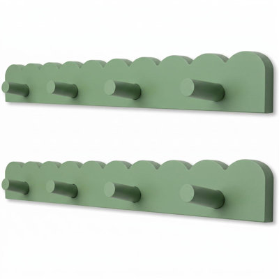 2 Pack Scalloped Coat Rack Wall Mount Cute Wall Hook 16 Inch 8 Hooks Wood Backpack Hanger for Toddler Clothes Hat Towel Bathroom Classroom(Green)