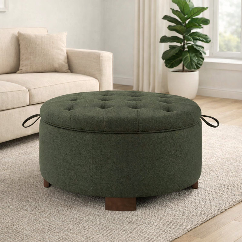 30" W Tufted Round Storage Ottoman With Reversible Lid, Dark Green