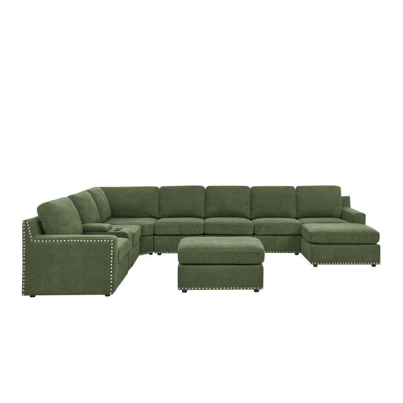 Arhab Upholstered U-Shaped Sectional Reversible, Dark Green Polyester Blend