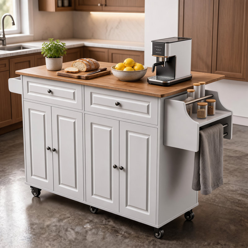 Solid Wood Kitchen Island, White Base/Brown Counter