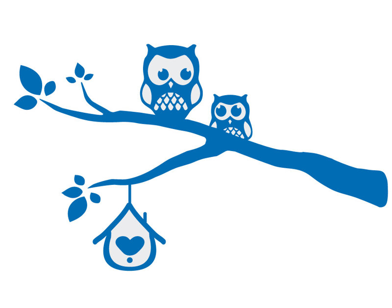 Décalcomanie murale owls sur une branche, H 39 po x l 65 po x P 0,01 po, Bleu azur