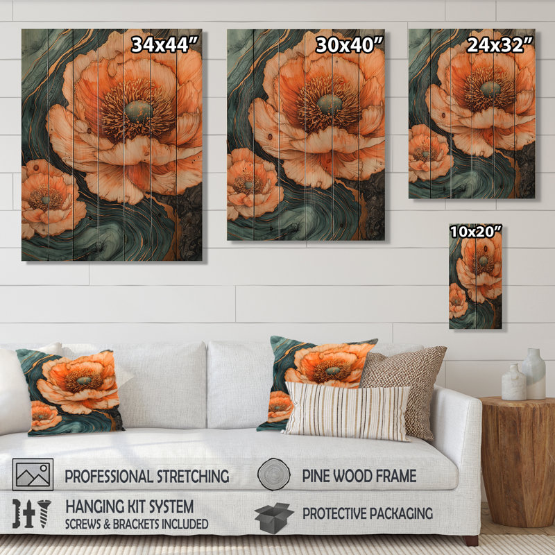 Orange Peonies On Geode Stone Wilde II - Peonies Wood Print - On Natural Pine Wood, 40" H x 30" W x 0.78" D