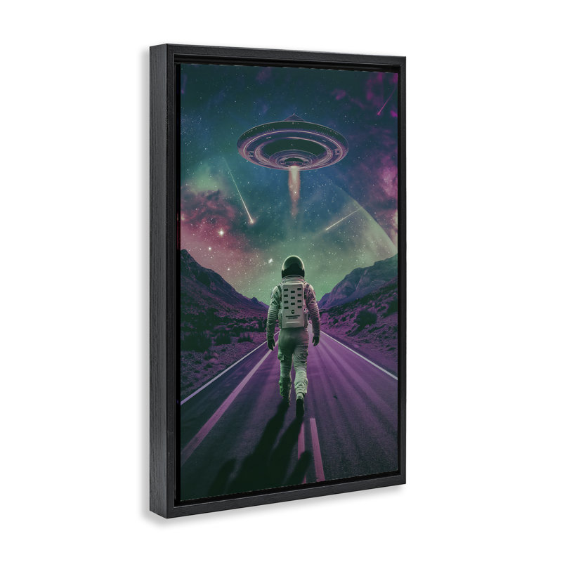 Vaisseau spatial extraterrestre au-dessus d'un cadre flottant astronaute, design par Wumples, Cadre flottant noir de jais
