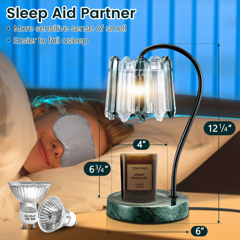 Candle Warmer Lamp With Timer And  Dimmer - Green Marble Base With Retro Glass Lampshade.