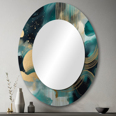 Vivid Emeral And Gold Contours Circles III - Grand miroir mural ovale sur métal