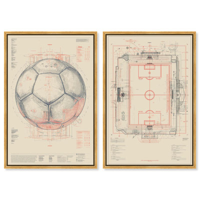 Soccer Ball and Stadium Blueprint SET Canvas Print Livingroom Wall Art Set by Art Remedy, Black Frame, 10 x 15