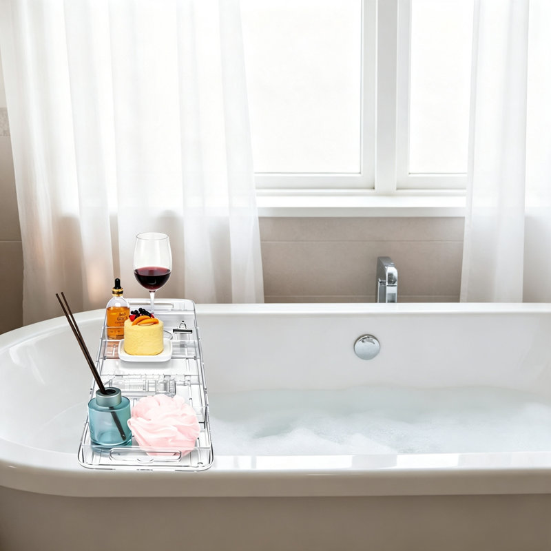 Clear Acrylic Expandable Foldable Bathtub Tray with Drain Slots