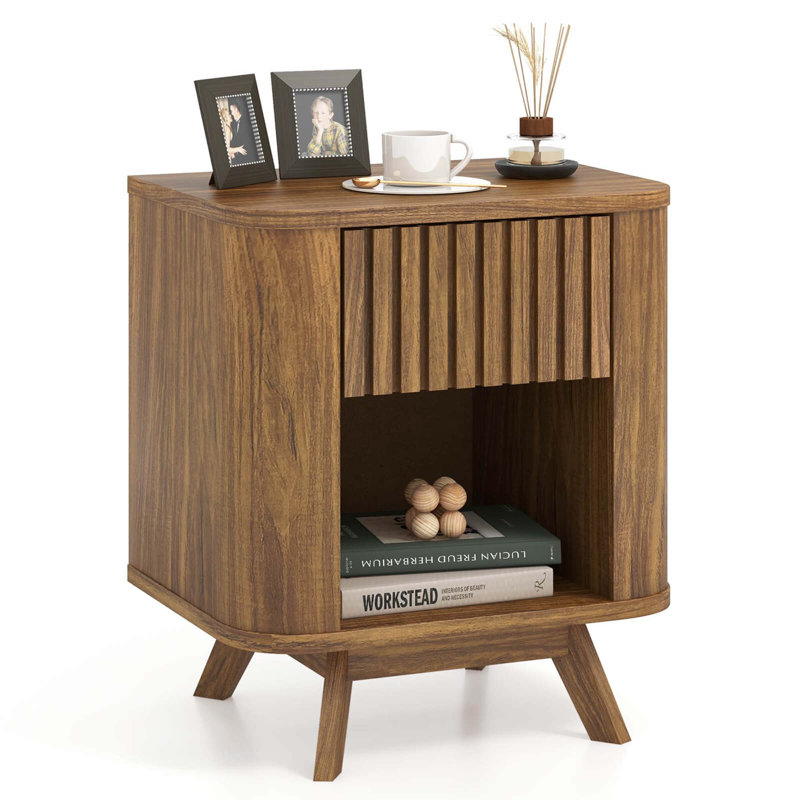 Wood Nightstand With Drawer & Open Shelf Storage Home Bedside Table For Bedroom, Individual