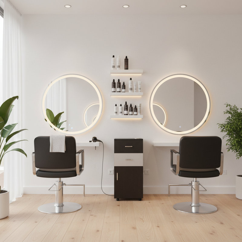 Station de coiffage roulante noire / blanche Bella, chariot de coiffeur avec porte-appareil et armoire de rangement