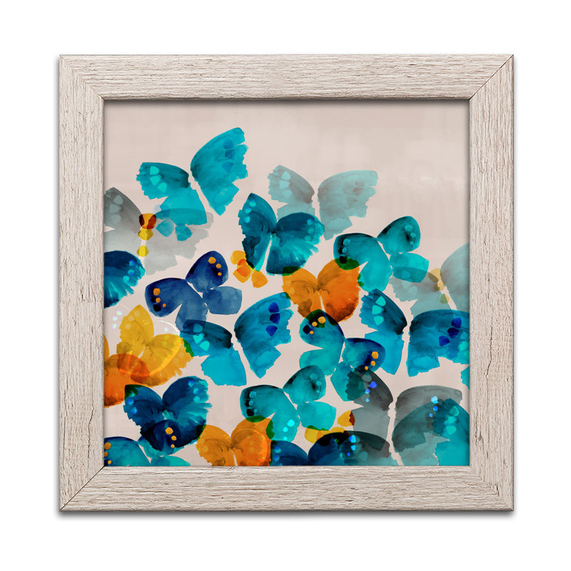 « bleu foncé et orange », reproduction de peinture à l’aquarelle, H 12 po x l 12 po x P 0,75 po, Encadrement patiné
