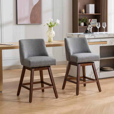 Siège de 26 po de hauteur pivotant sur 2, revêtement bleu, rotatif à 360 degrés pour la salle à manger, rembourrage intérieur en mousse souple et ressorts en acier, dossier courbé de style américain, revêtement en bois d'hévéa 2. Revêtement en