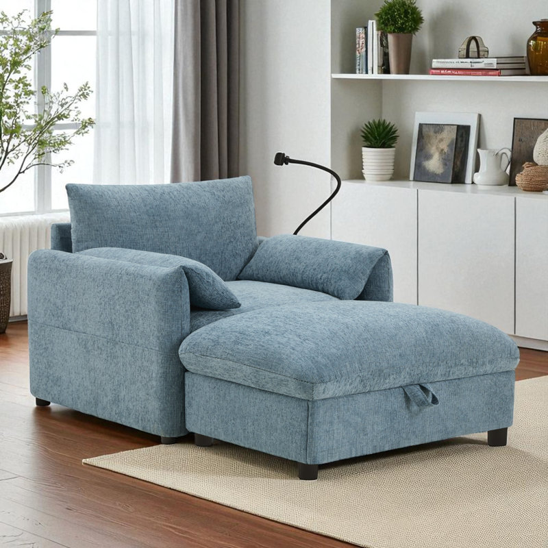 Fauteuil d'appoint rembourré avec repose-pieds avec rangement, Bleu