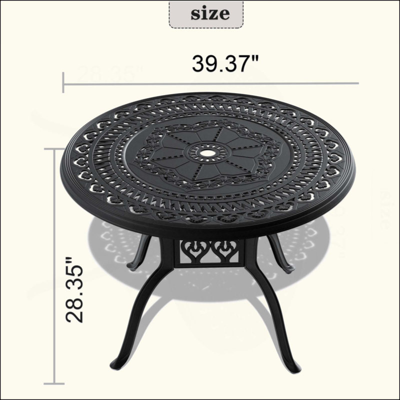 Table de salle à manger en fonte d'aluminium avec cadre et trou pour parasol