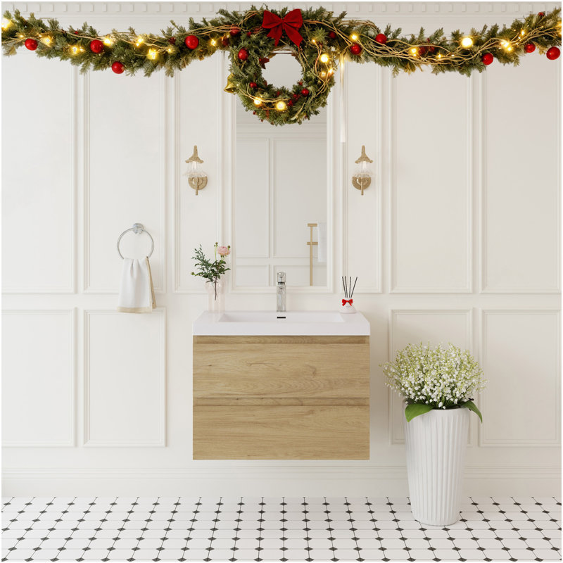 30" Floating Bathroom Vanity With Sink, Modern Wall-Mounted Bathroom Storage Vanity Cabinet With Surface Top Basin And Soft Close Drawers Fully Assembled, Natural Oak