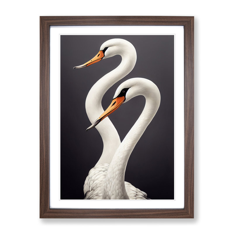 Two Pretty Swans - Wall Art, 36cm H x 27cm W x 3cm D, Walnut Picture Framed, White