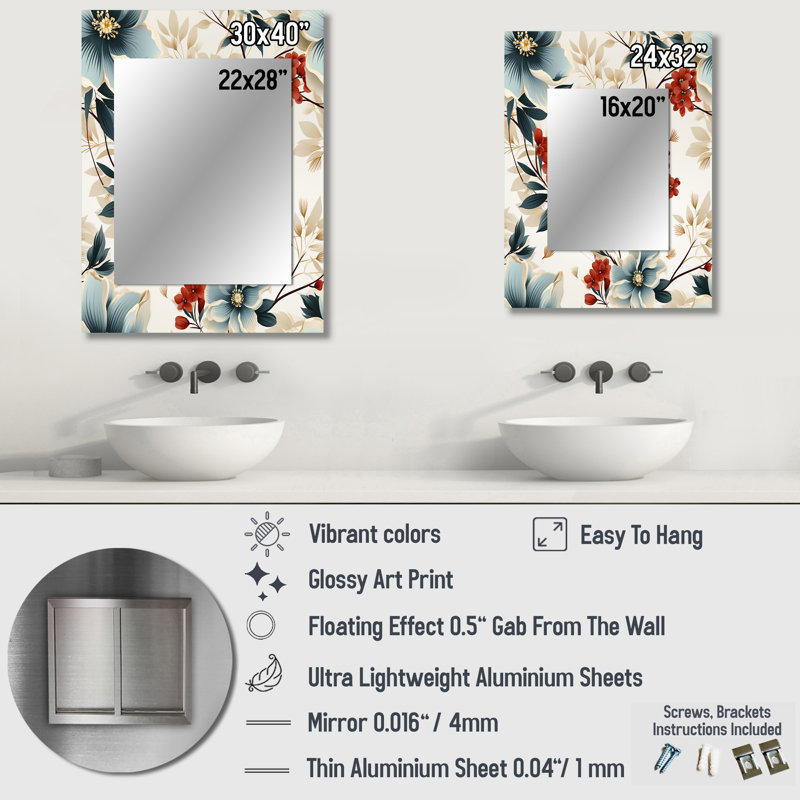 Motif floral zen asiatique rouge et blanc Arikah - miroir mural floral unique, 40 po x 30 po
