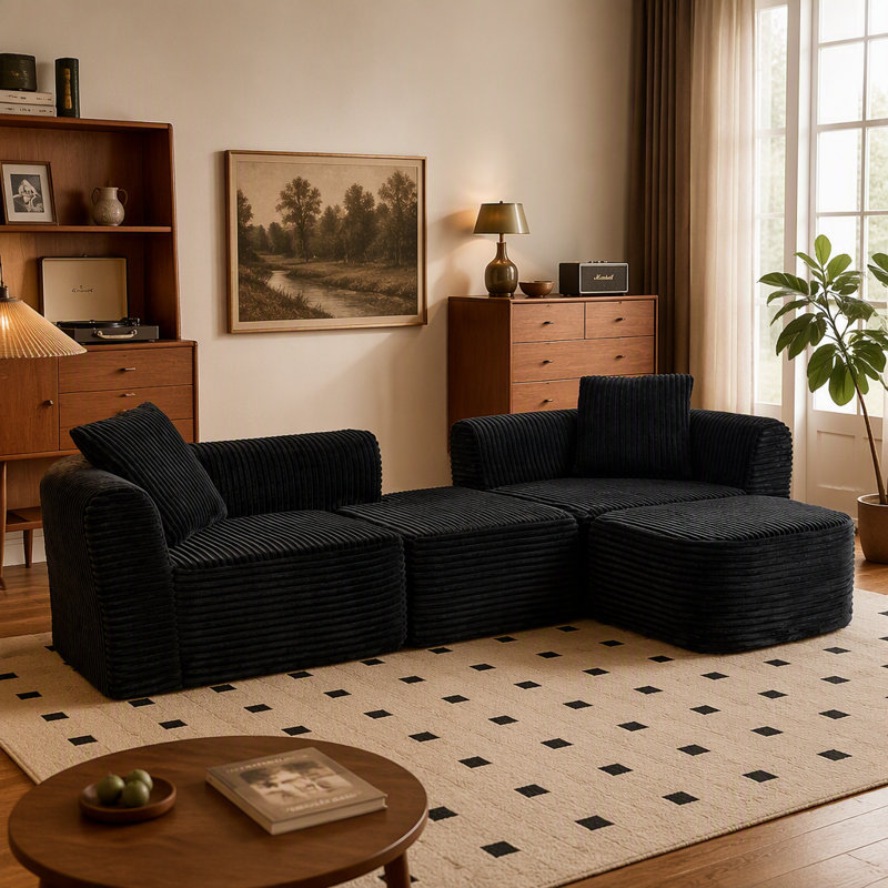 Canapé modulaire en L 114 po avec méridienne et canapé rembourré sans assemblage 114 po, Noir