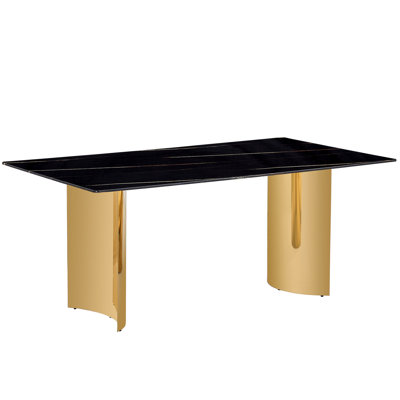 Table de salle à manger avec plateau en verre noir avec pieds en métal doré 71 po x 39,3 po x 29,5 po, élégante pour les restaurants, les salons, les présentoirs, les tables de présentation minimalistes modernes, 71 po x 39,3 po x 29,5 po, et café