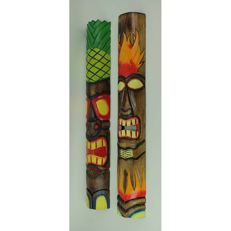 Ensemble de 2 masques totem tiki en bois tropical sculptés à la main avec base brune et îlot de couleurs vives - ensemble de 2, H 39,25 po x l 6,25 po x P 3 po