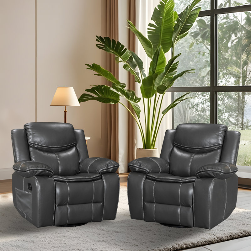 Set of 2 Faux Leather 360° Swivel Rocker Recliner Chairs, Overstuffed Manual Adjustable Reclining Single Sofa with Side Storage Pocket, Ergonomic Lounge Chairs for Living Room Bedroom Home Theater