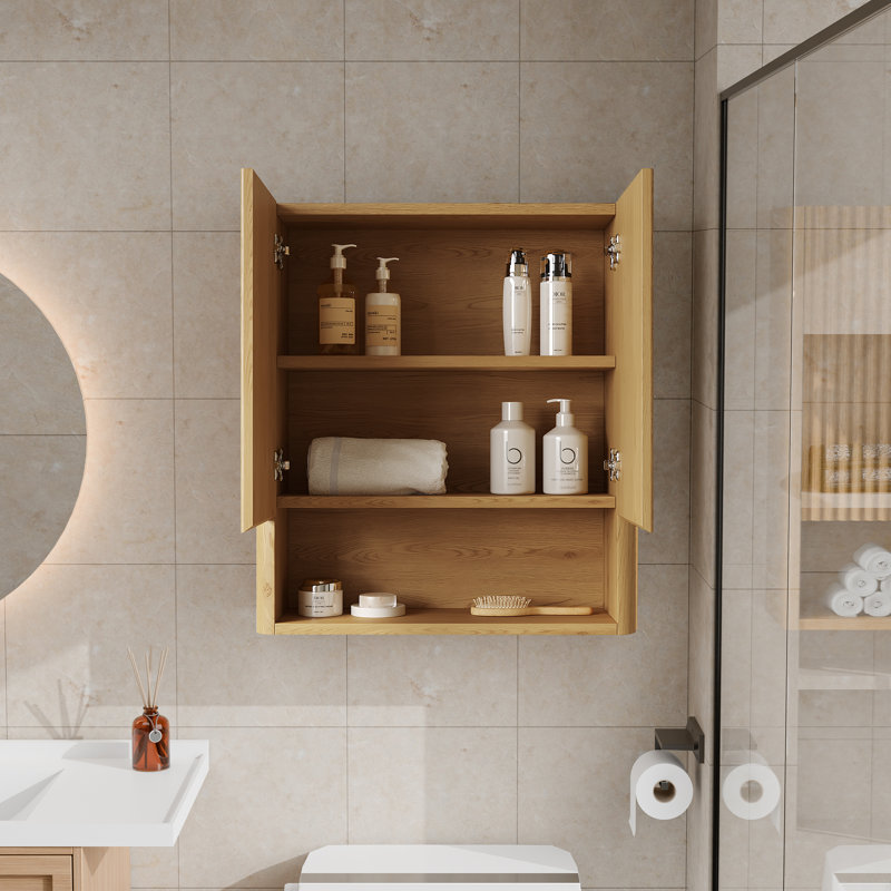 26"WX29.5"H Wall-Mounted Toilet Storage Cabinet Bathroom Storage Cabinet with Striped Solid Wood Doors, Oak