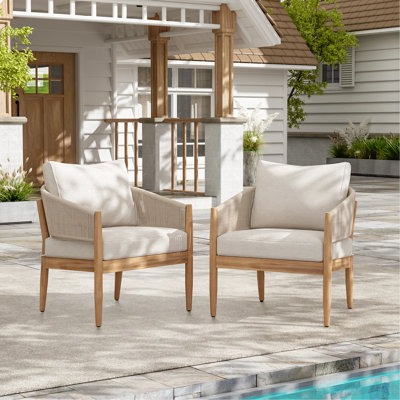 Fauteuil club d'extérieur en bois d'acacia Verona, bois naturel, coussin beige, corde brun clair