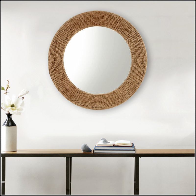 Miroir mural rond en corde de jute 26 pouces, décor côtier naturel avec un design léger et une suspension facile