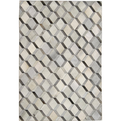 Tapis gris/crème vache fait main géométrique Stamant