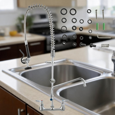 Commercial-Grade Brass Wall-Mounted Sink Faucet With Rotating Spout And Pre-Rinse Nozzle; Suitable For Single, Double, And Triple Sink Kitchens.