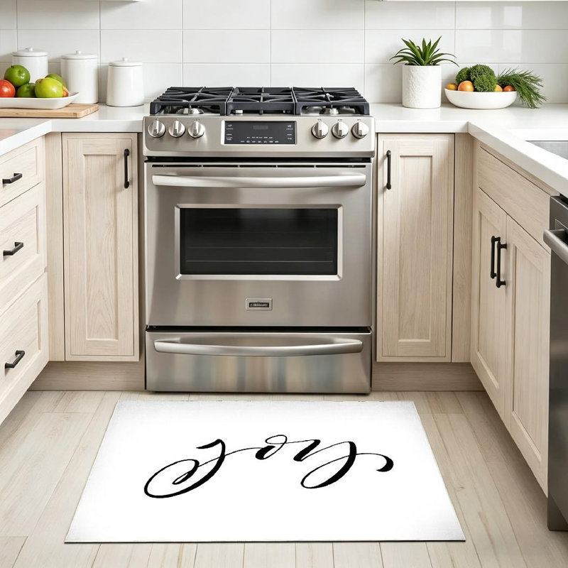 Tapis blanc blanc lavable à la machine à motif encre de joie moderne, Rectangle 79 po x 118 po