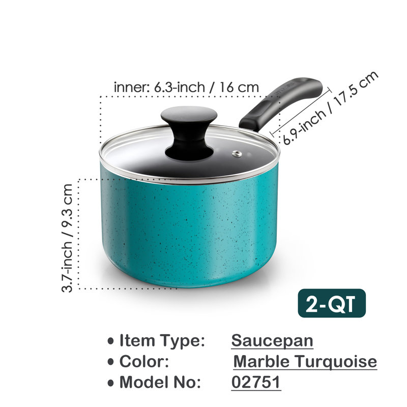 Casserole antiadhésive Cook N Home, casserole 2 pintes avec couvercle en verre, petite casserole multiusage antiadhésive, casserole en aluminium au chocolat au lait avec poignée Stay-Cool, turquoise