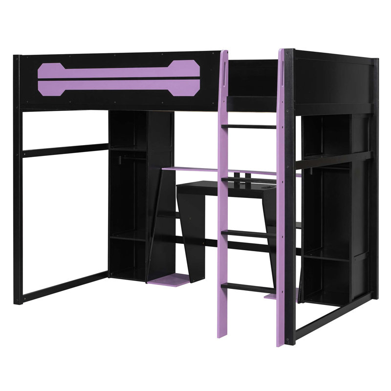 Lit mezzanine de jeu en bois gain de place avec éclairage RVB et port USB pour le chargement, Mauve, noir