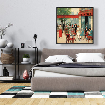 "Public cafe", toile illustrative encadrée beige