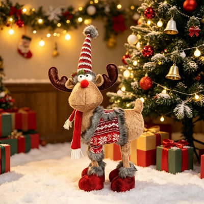 Ensemble de 2 décorations de Noël en peluche renne de Noël, animal en peluche debout avec pattes extensibles et chapeau de père Noël