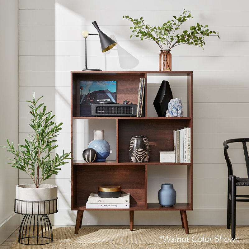 Gray Oak Mid-Century Modern 6-Shelf Pine Wood Bookcase