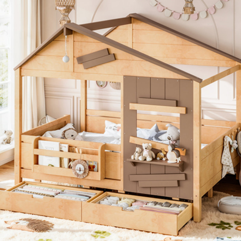 Solid Wood Bed with Built-In Stairs, Full, Light Natural