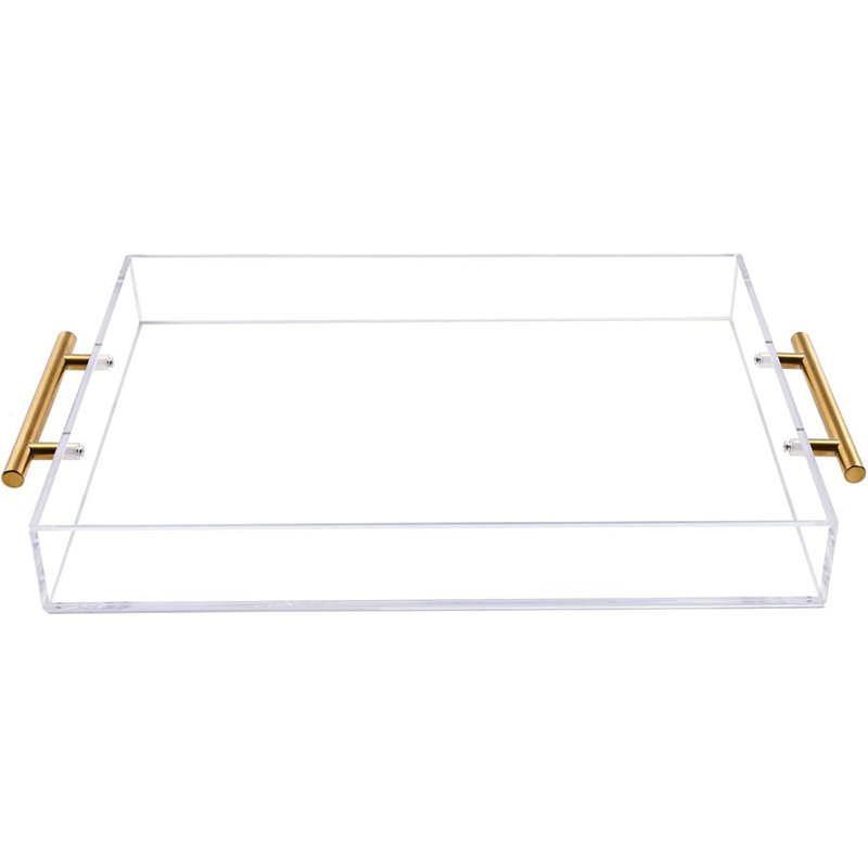 Plateau de service en acrylique transparent avec poignées dorées, plateau en acrylique robuste à capacité énorme pour le café, le jus, le rangement de cuisine et de bureau, plateau de rangement