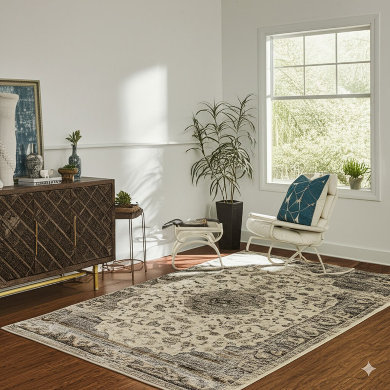 Tapis de style oriental traditionnel en polypropylène ivoire Huckabee, Rectangle 5 pi 3 po x 7 pi 3 po