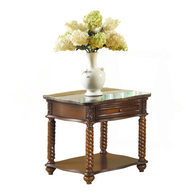 Traditional Formal Marble Top End Table With Drawer Lower Shelf Mahogany Finish Spiral Turned Legs Wooden 1Pc Living Room Furniture Side Table