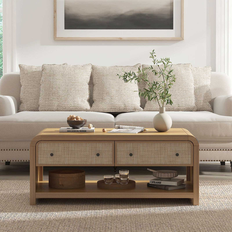 Table basse Choat 48 po avec tiroir en rotin Cevat, Bois jaune moyen/beige