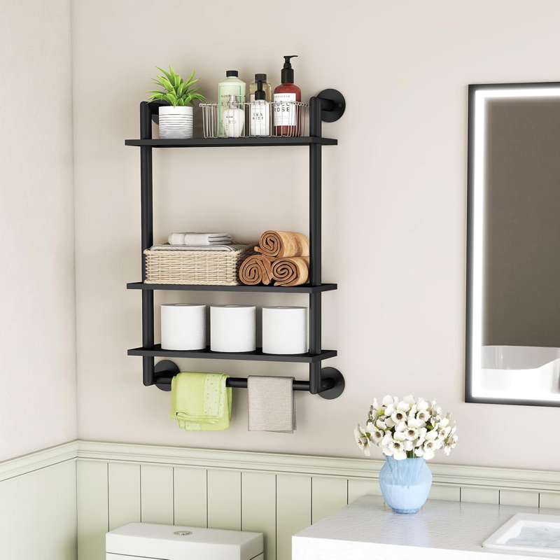 Étagères de salle de bain murales à 3 niveaux avec barre à serviettes, tablettes flottantes en acier inoxydable pour rangement au-dessus de la toilette, rangement compact pour la salle de bain, salle de lavage, cuisine