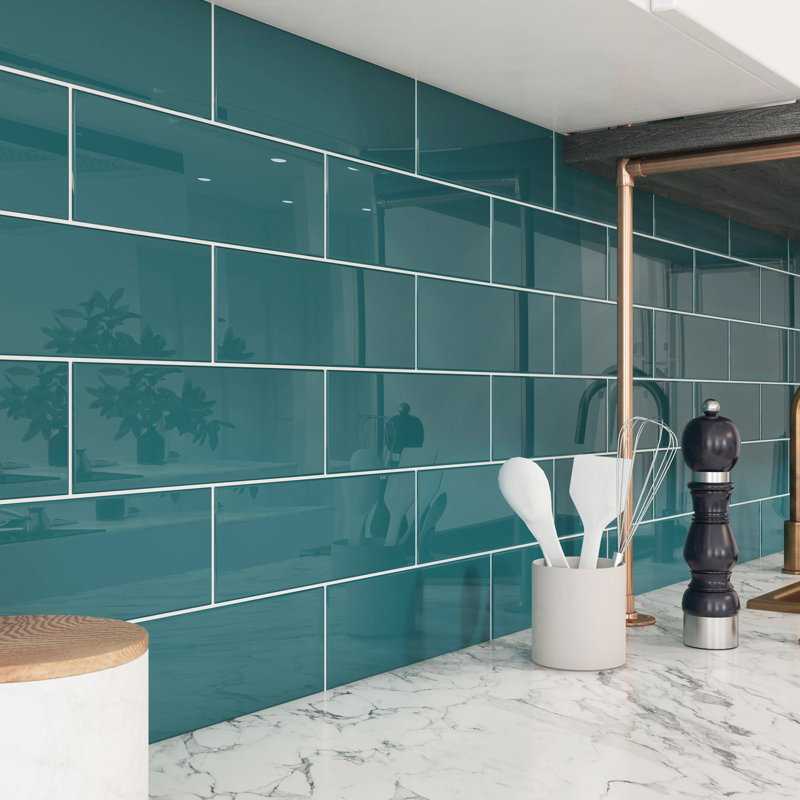 Glass Subway 4" x 12" Wall Tile, Dark Teal