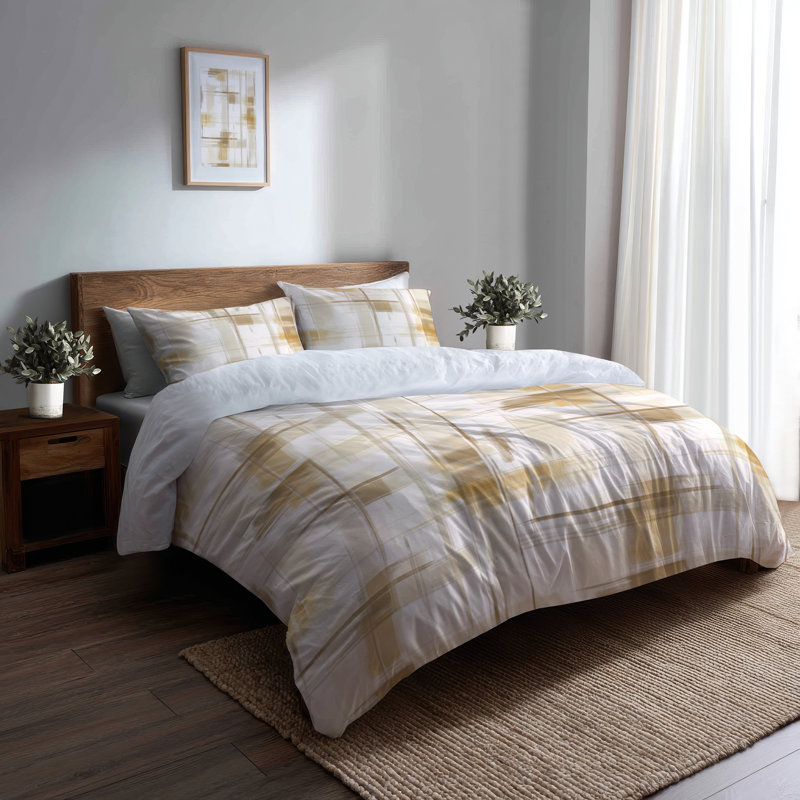 Ensemble de literie Country Farmhouse, ensemble de 3 - Housse de couette et coussin décoratif à carreaux neutre brun
