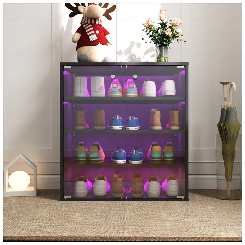 Boîte à chaussures empilable en bois avec DEL RVB et porte en verre trempé, idéale pour exposer et ranger les chaussures