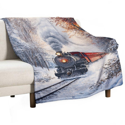 Jeté de train à vapeur à travers la neige en flanelle de luxe, jeté doux et chaud pour le canapé du salon